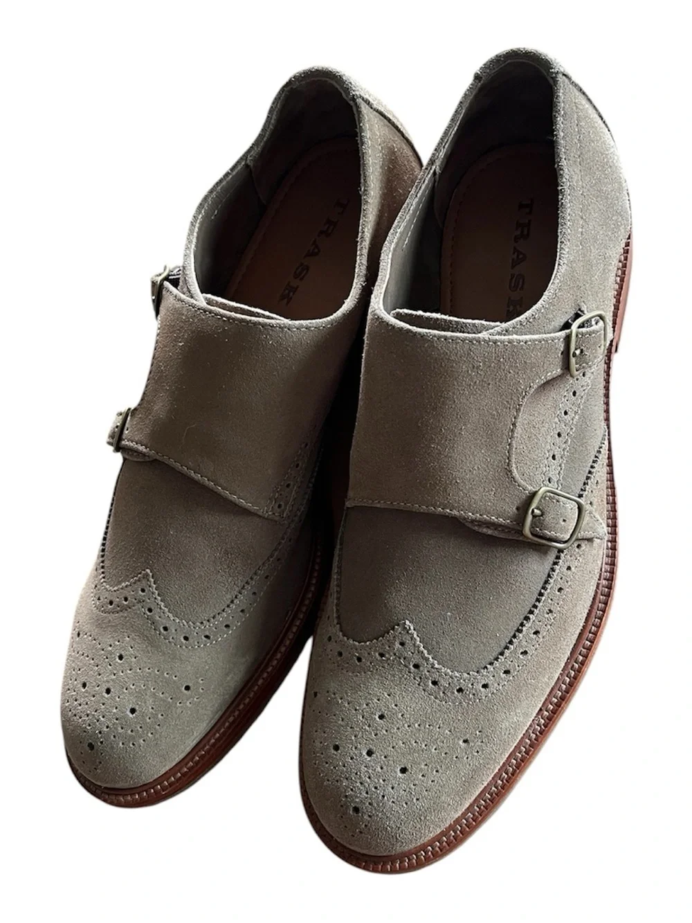 Trask Dress Shoes Mens Size 10.5 Taupe Suede Double Monk Strap Wingtip